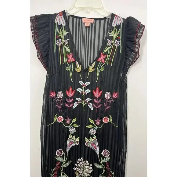 Anthropologie Not So Serious Dress Black Beaded Floral Black 2 Fairy Whimsigoth - Picture 13 of 13